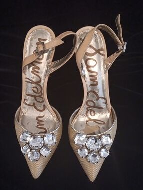 Sam Edelman Gold Crystal-Embellished Pointed Slingback Heels